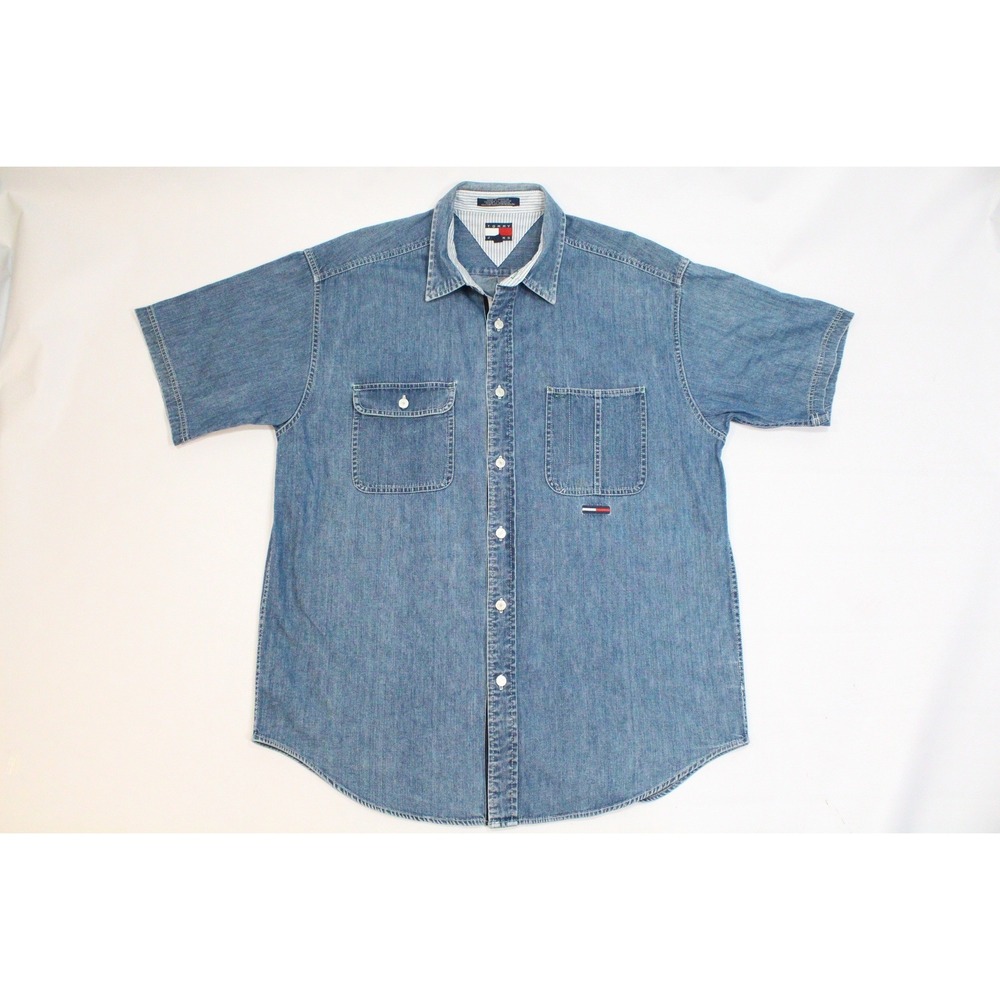 Tommy Jeans Mens Large Blue Denim Short Sleeve Button Down Shirt Vintage Flag